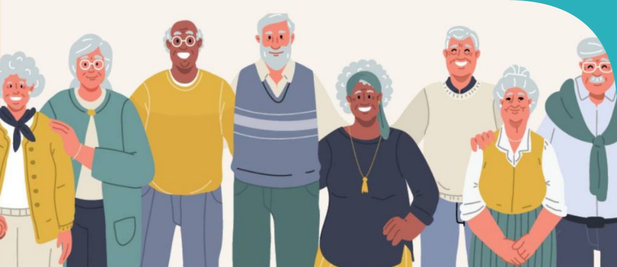 An illustration portraying a group of older individuals depicted in a vibrant and stylized manner. The characters are illustrated with exaggerated friendly features and are dressed in attire that suggests comfort and ease, typical of leisurely retired life.