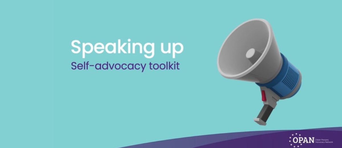 A megaphone on teal background. The text reads Speaking up - Self-advocacy toolkit