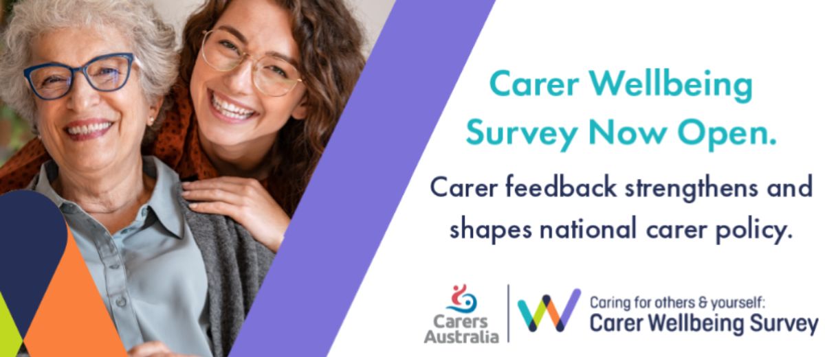 Two ladies smiling, text on the image reads - Carer Welleing Survey Now Open, carer feedback strenthens and shapes national carer policy