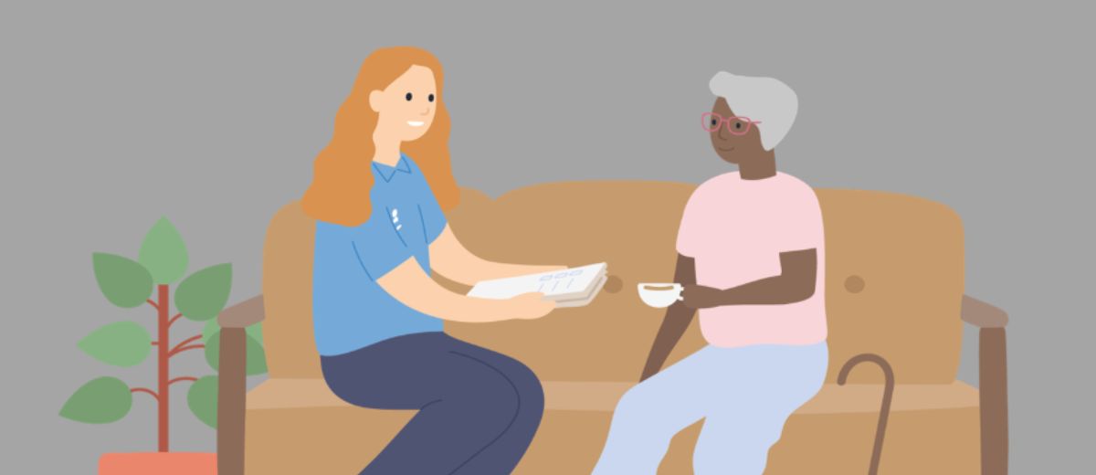 A graphic of two people sitting on the couch, one drinking tea, the other holding some papers